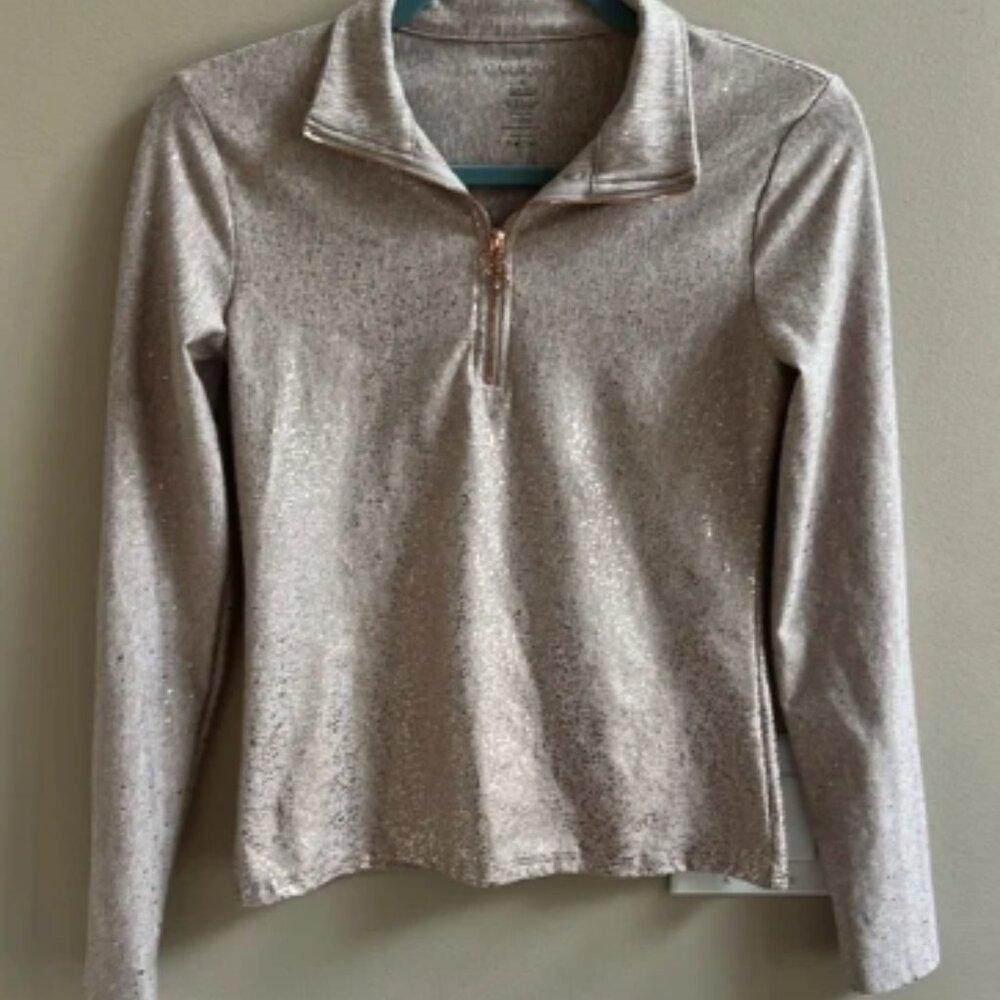 Carbon38 Quarter Zip Pullover Tan Beige Rose Gold Sparkles Zipper Size Small